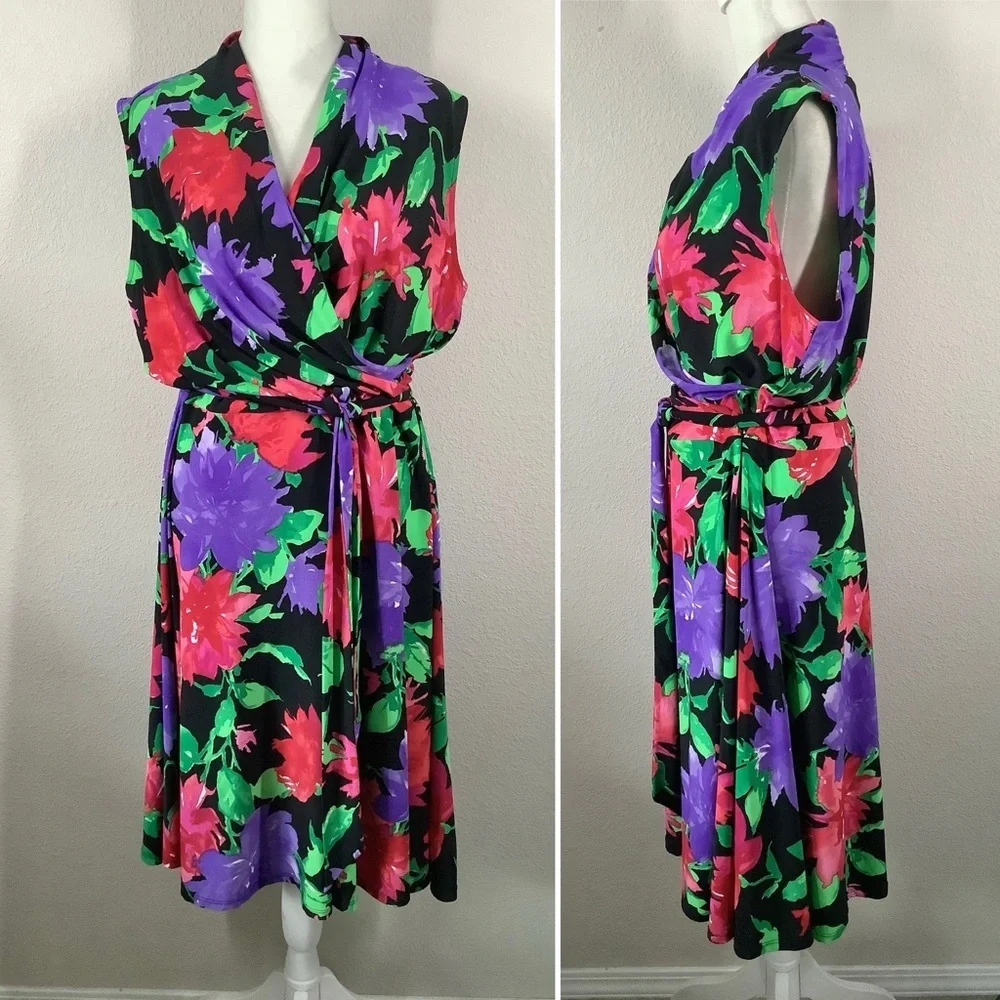 LAUREN Ralph Lauren Sleeveless Dress 1X Faux Wrap Dark Floral Work Wedding - Picture 3 of 14